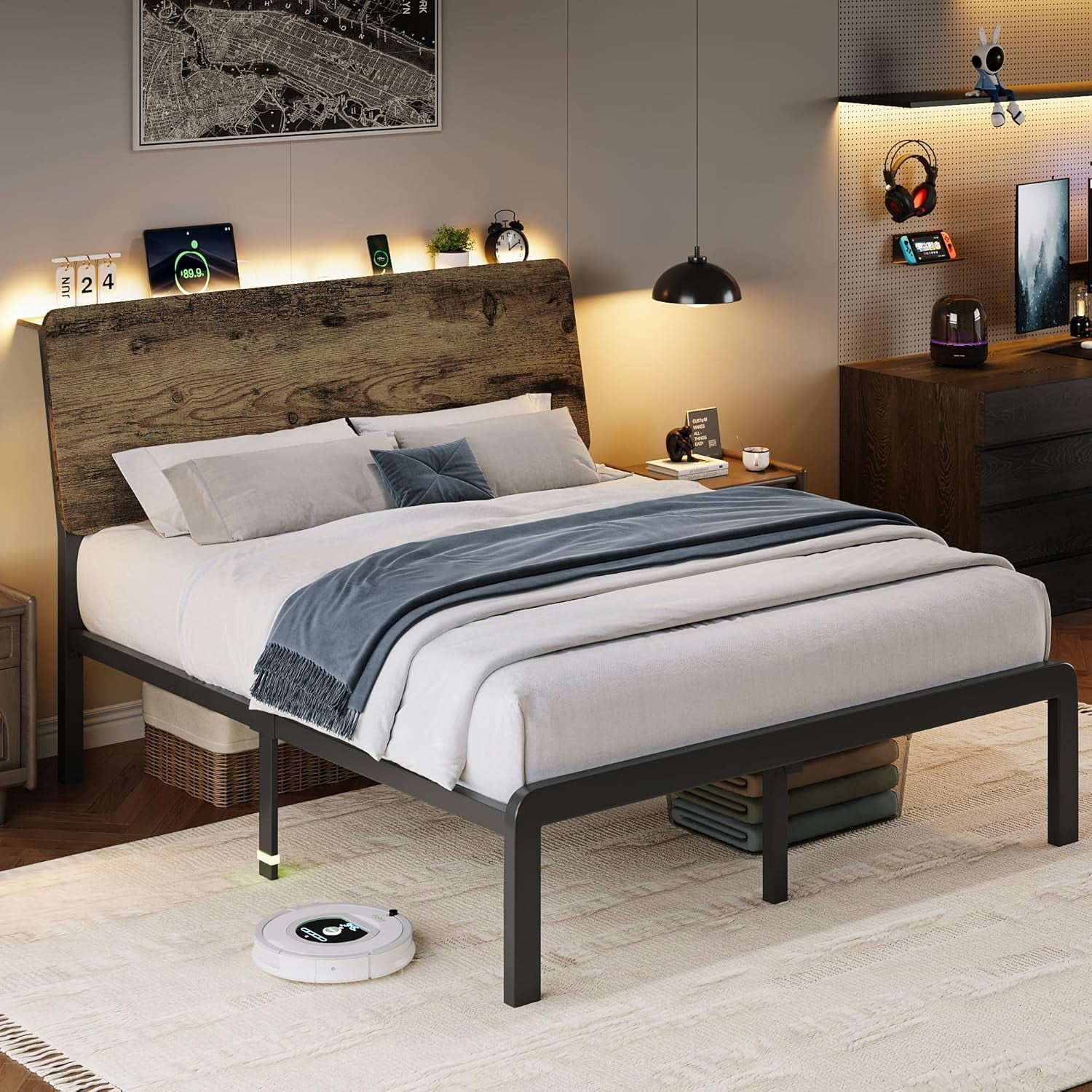 iPormis Full Size Bed Frame with Ergonomic Storage Headboard & Charging Station, LED Platform Bed Frame, Heavy Duty Metal Slats, No Box Spring Needed, Easy Assembly, Rustic