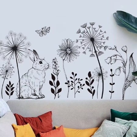 Flower butterfly rabbit stickers, black flower stickers, forest animal rabbit stickers，Living Room DIY transparent stickers Peel and Stick Removable Home Decor Bedroom Sofa TV Wall Art Decoration