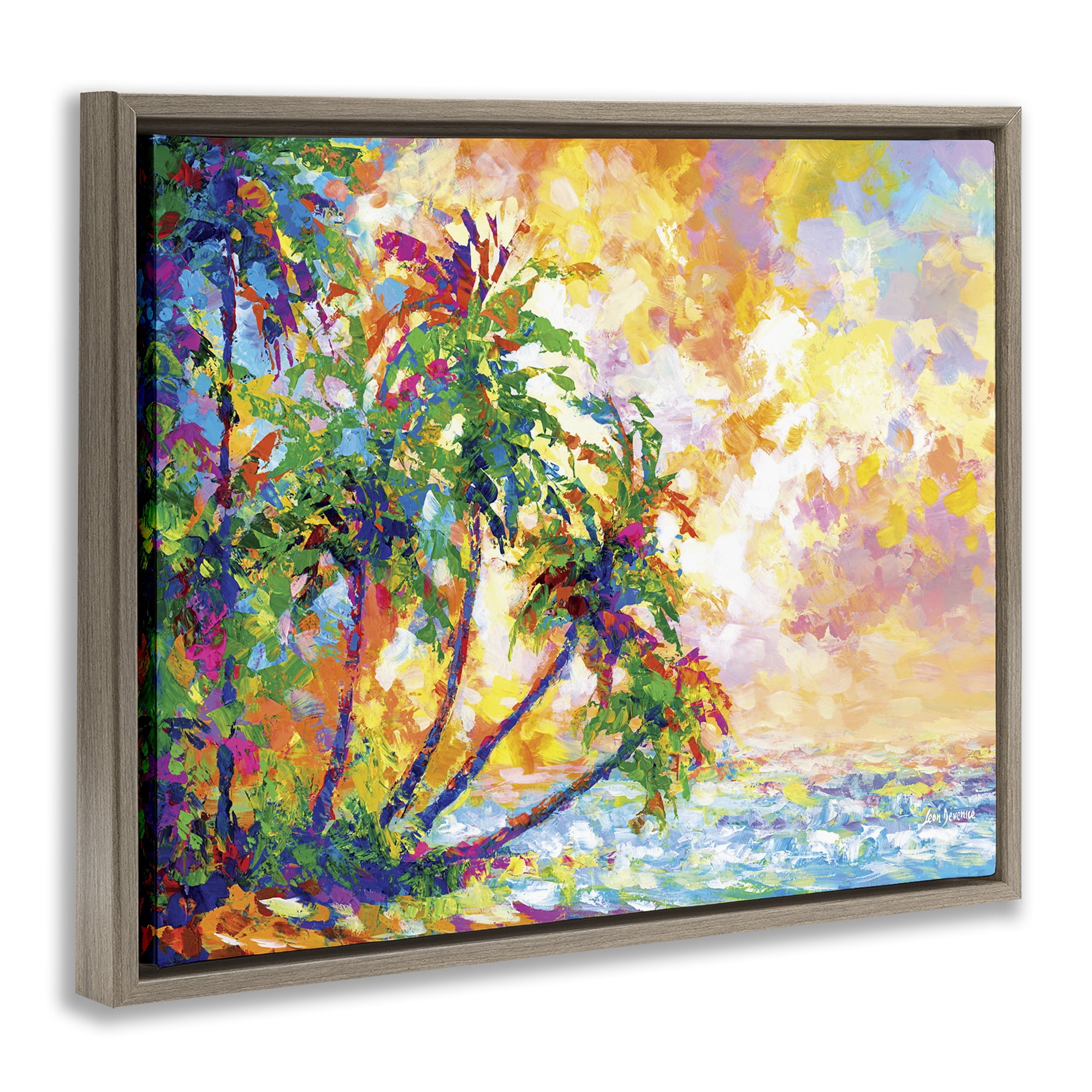 Stupell Industries Full Beach Palms Landscape Painting Brown Floater Framed Canvas Art Print Wall Art, 21 x 17