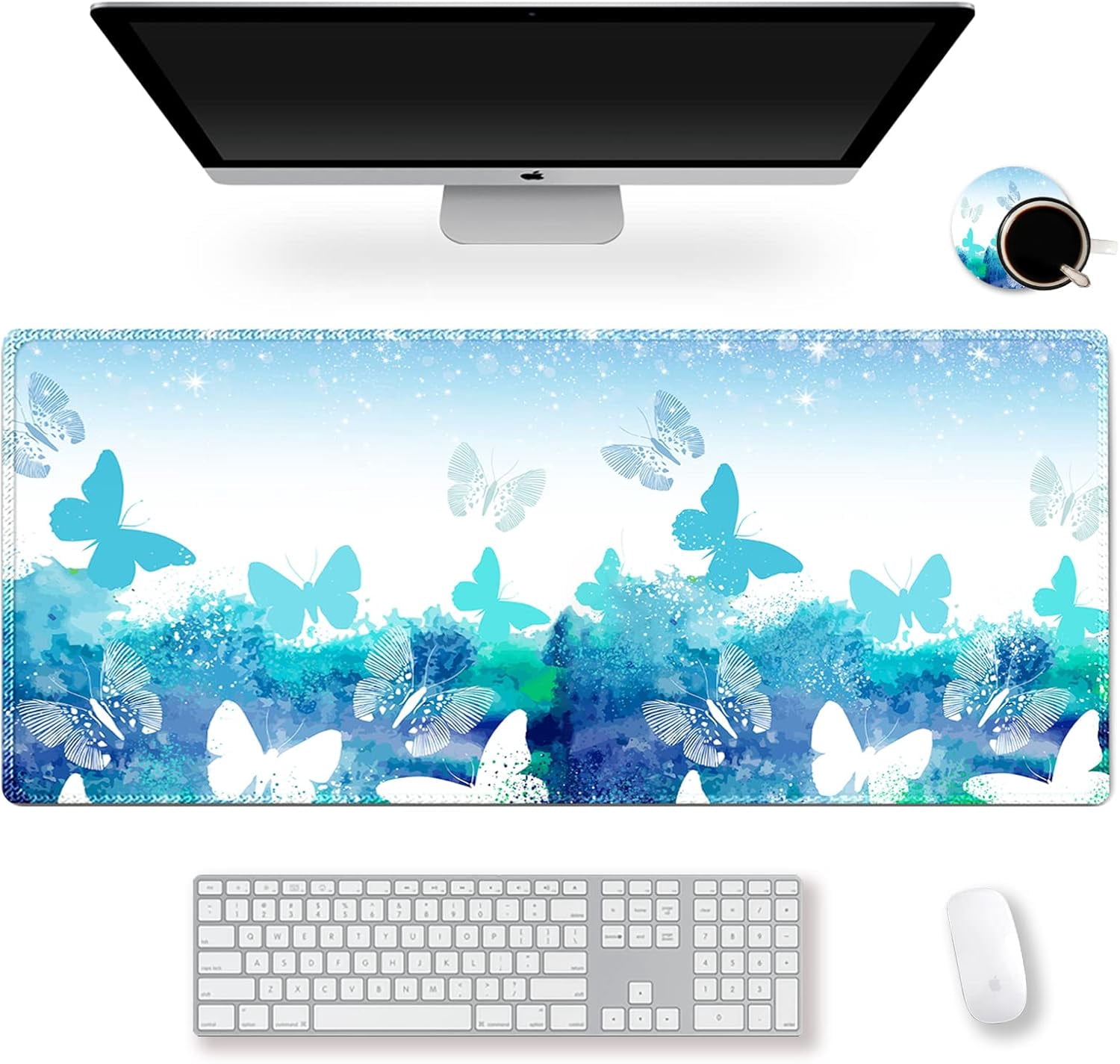 Large Gaming Mouse Pad with Stitched Edges, XXL Extended Keyboard Mat Long Mousepad Desk Decor Writing Pad 35.1x15.7 in, Non-Slip Base for Work, Game, Office, Home, Blue Butterfly
