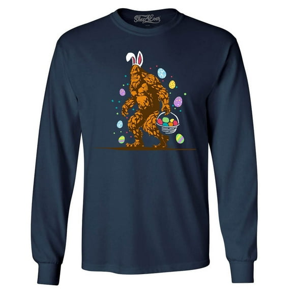 Shop4Ever Men's Bigfoot with Easter Basket and Eggs Funny Long Sleeve Shirt XXX-Large Navy