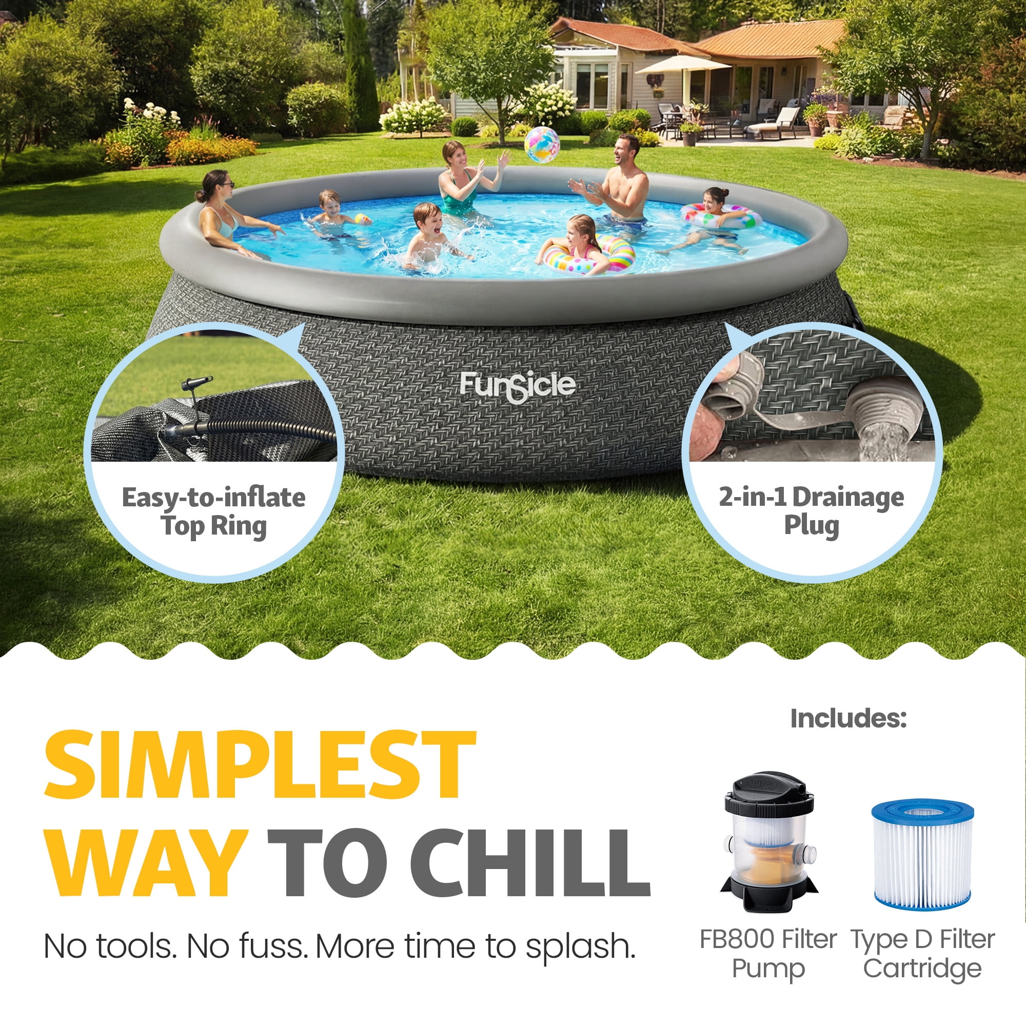 Funsicle 15' x 36" QuickSet Inflatable Ring Top Outdoor Above Ground Pool with Pump