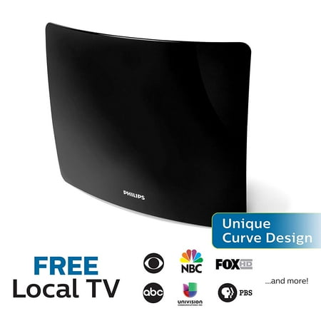 Philips Amplified TV Antenna, 50 Mile Range, Curved, Wall Mount, Stand, Home Décor, Digital, HDTV Antenna, Smart TV Compatible, 4K 1080P VHF UHF, 5Ft Coaxial Cable, Amplifier, Black, SDV9401A/27