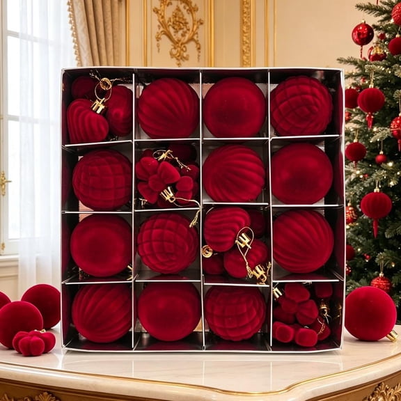32 Pack Burgundy Velvet Christmas Ornaments, 2.4 Inch Flocked Shatterproof Plastic Hanging Balls Hearts Bows for Xmas Tree Garland Holiday Decor