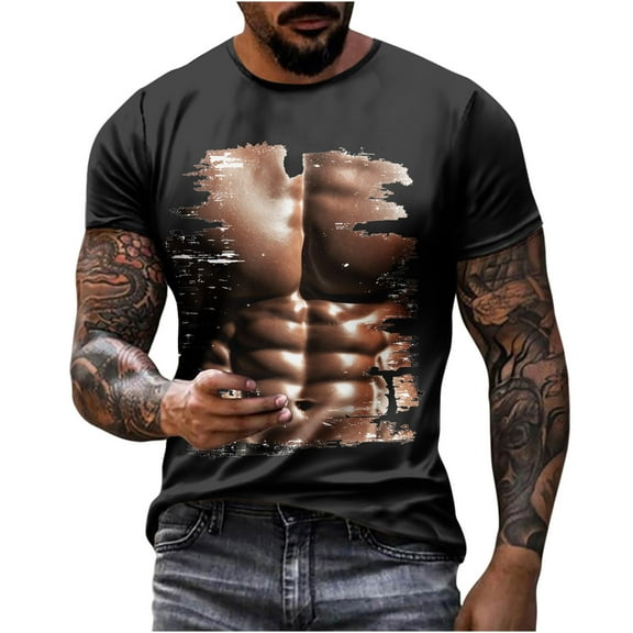 ZCFZJW Summer T-Shirts for Men Big and Tall 3D Fake Muscle Pattern Graphic Short Sleeve Crew Neck Workout T Shirt Loose Fit Soft Cotton Pullover Tops Black XXXXL