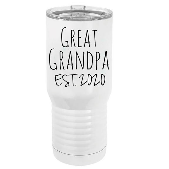 Great Grandpa Est. 2020 Established Stainless Steel Vacuum Double-Walled Insulated 20 Oz Tumbler Travel Coffee Mug with Clear Lid, White