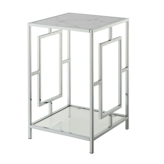 Chrome End Table with Glass Shelf - Modern Square Accent Table for Living Room, 24"H