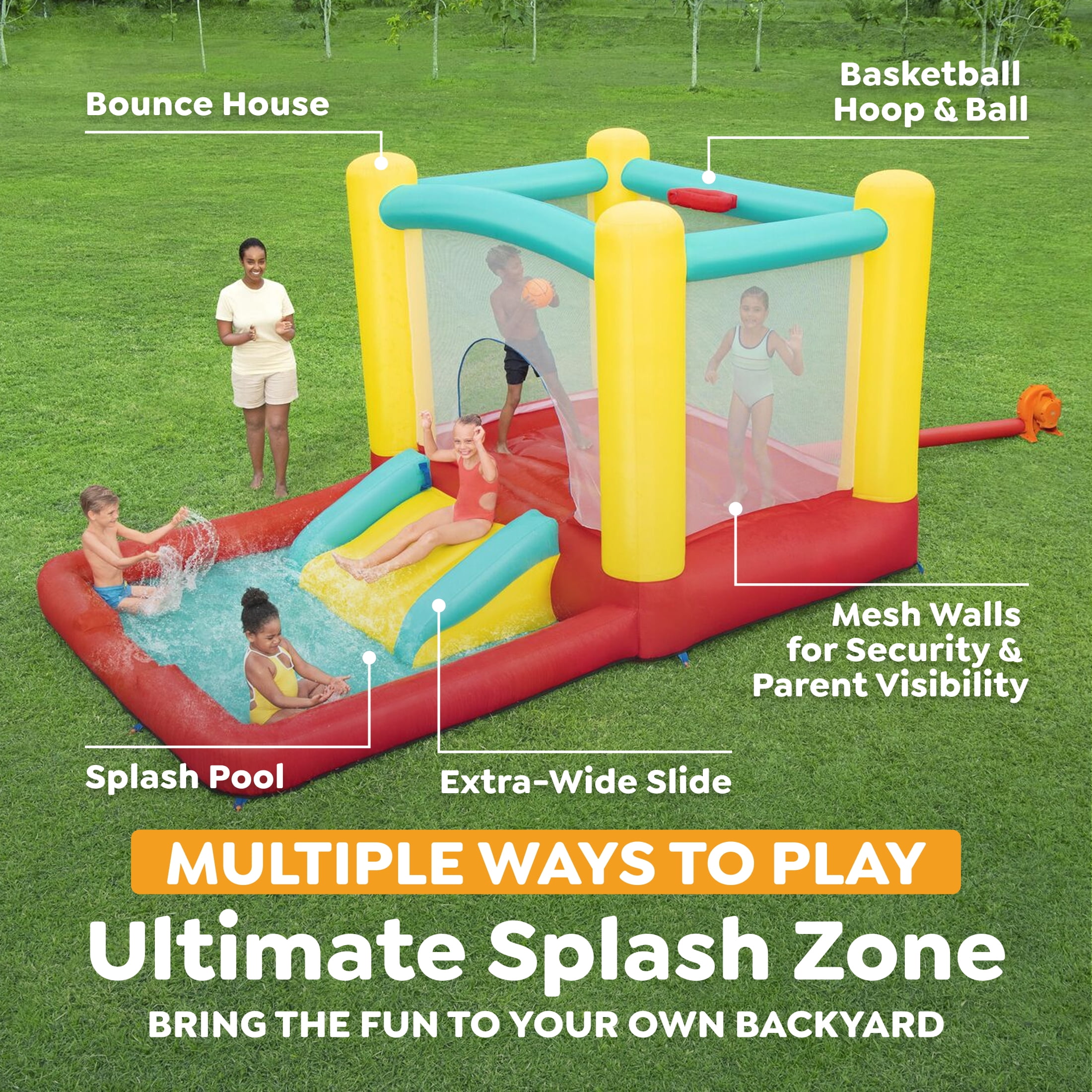 PlayDay Jump 'N Away Inflatable Bounce House with Play Features, Indoor/Outdoor, Ages 3+