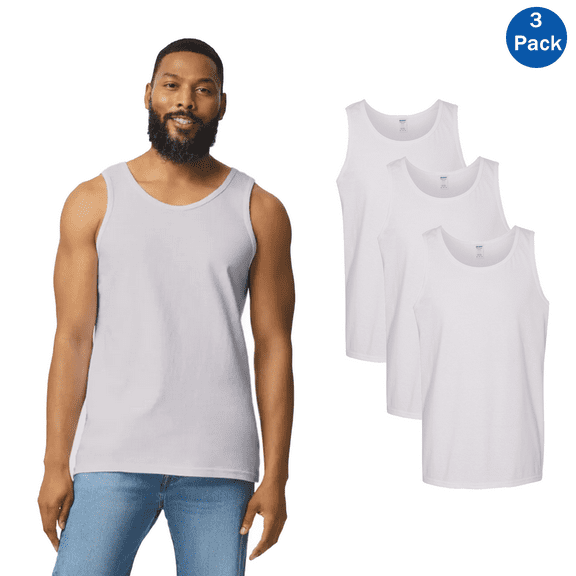Gildan Summer Tank Top for Men, Heavy Cotton White Sleeveless Shirt 3 Pack Sports Muscle Gym Undershirt, Size S