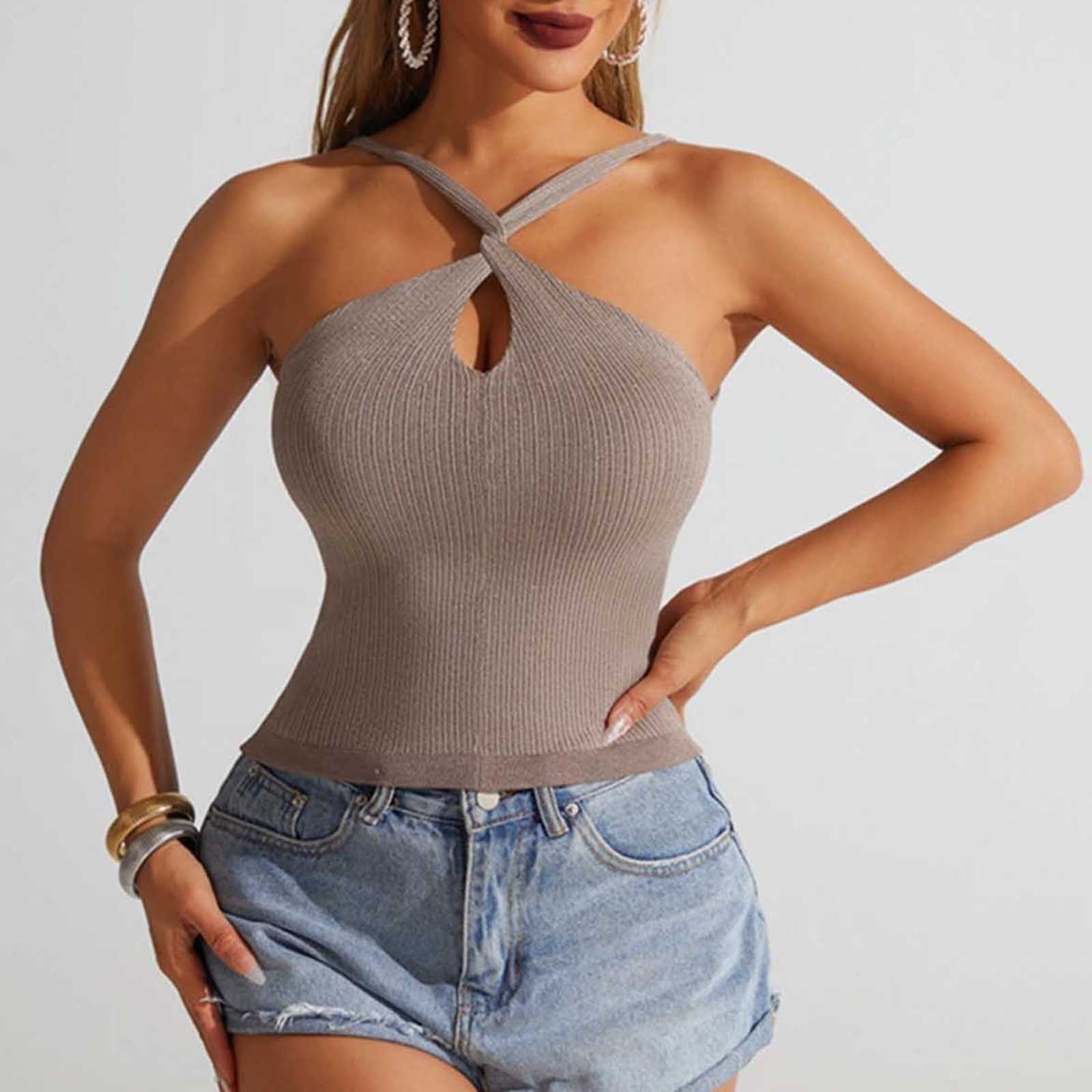JGGSPWM Women's Ribbed Cross-Strap Crop Tank Top Keyhole Hollow