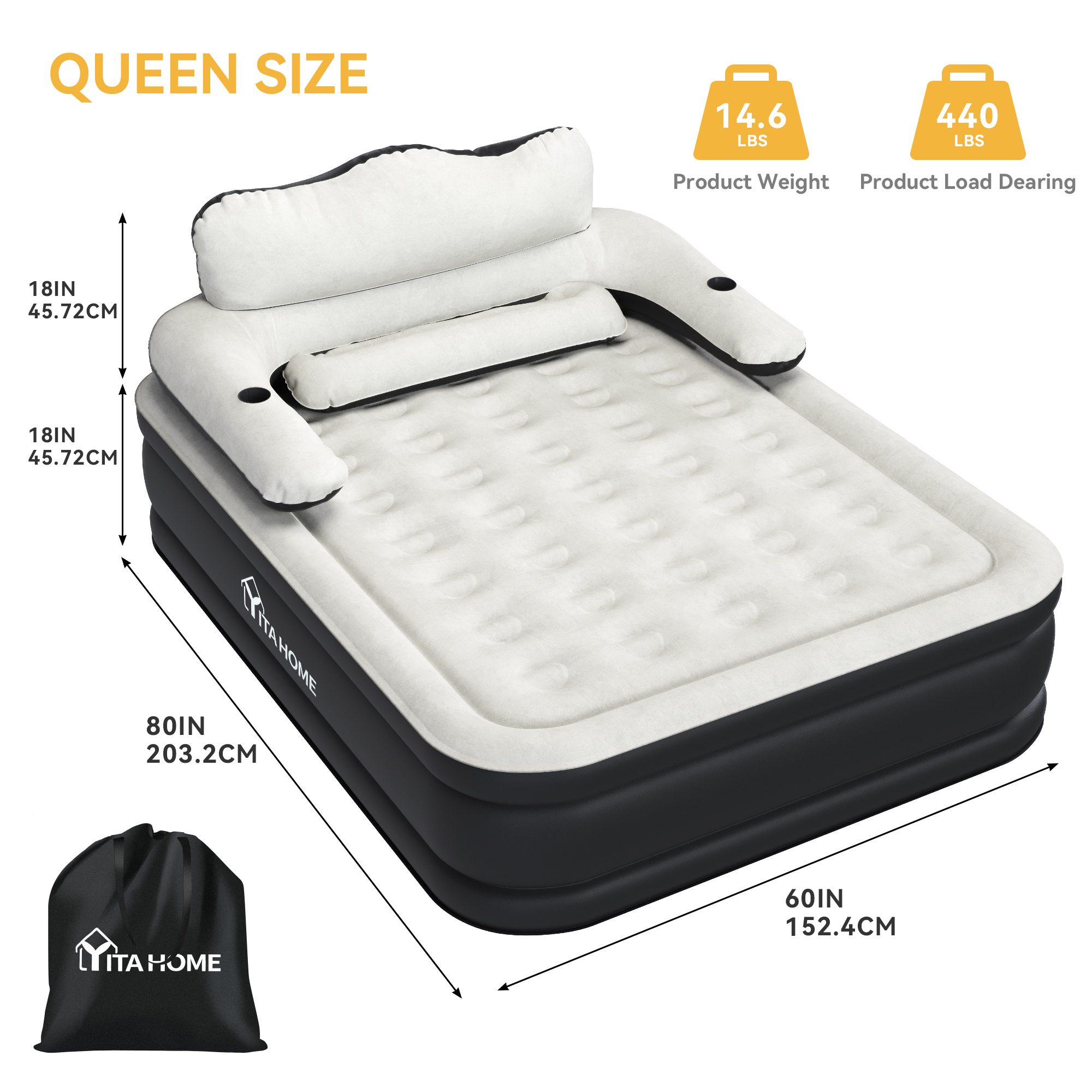 Dextrus Queen Size Air Bed with Detachable Headboard & Integrated Pump, 18in Inflatable Mattress with Accessories for Home, Outdoors, and Travel