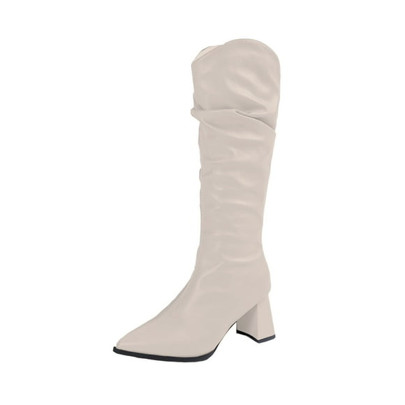 Xfvqtps Womens Slouchy Mid Calf Boots Pointed Toe Chunky Block Heel Boots Faux Suede Fashion Boots for Winter Casual Wear White