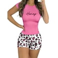 thumbnail image 5 of Women's 2-Piece Lounge Set, Letter Print Short Sleeve Tee and Leopard Shorts, Size S-XL, 5 of 7