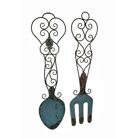 Distressed Finish Blue Metal Fork and Spoon Wall Decor Set 52 Inch