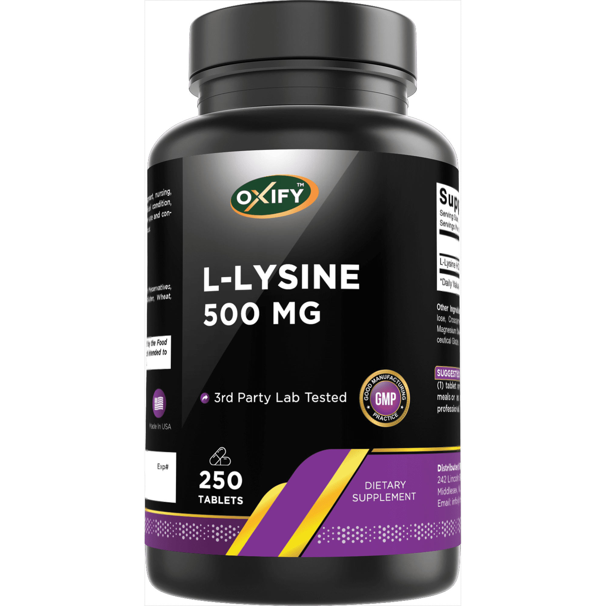 Oxify L-Lysine 500 mg | 250 Tablets | Gluten-Free, Non-GMO | Supplement Made in USA