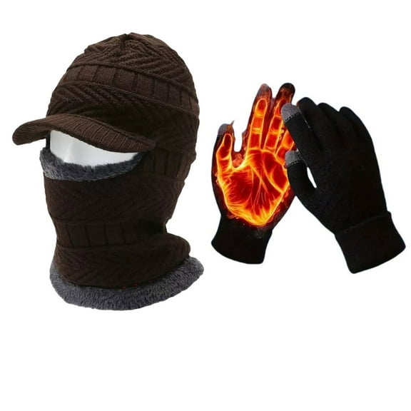 LNWUY Men's Pullover Hat Winter Neck Protection One-Piece Cap Padded Women's Warm Plush Knit Cap Touch Screen Gloves Brown Free Size