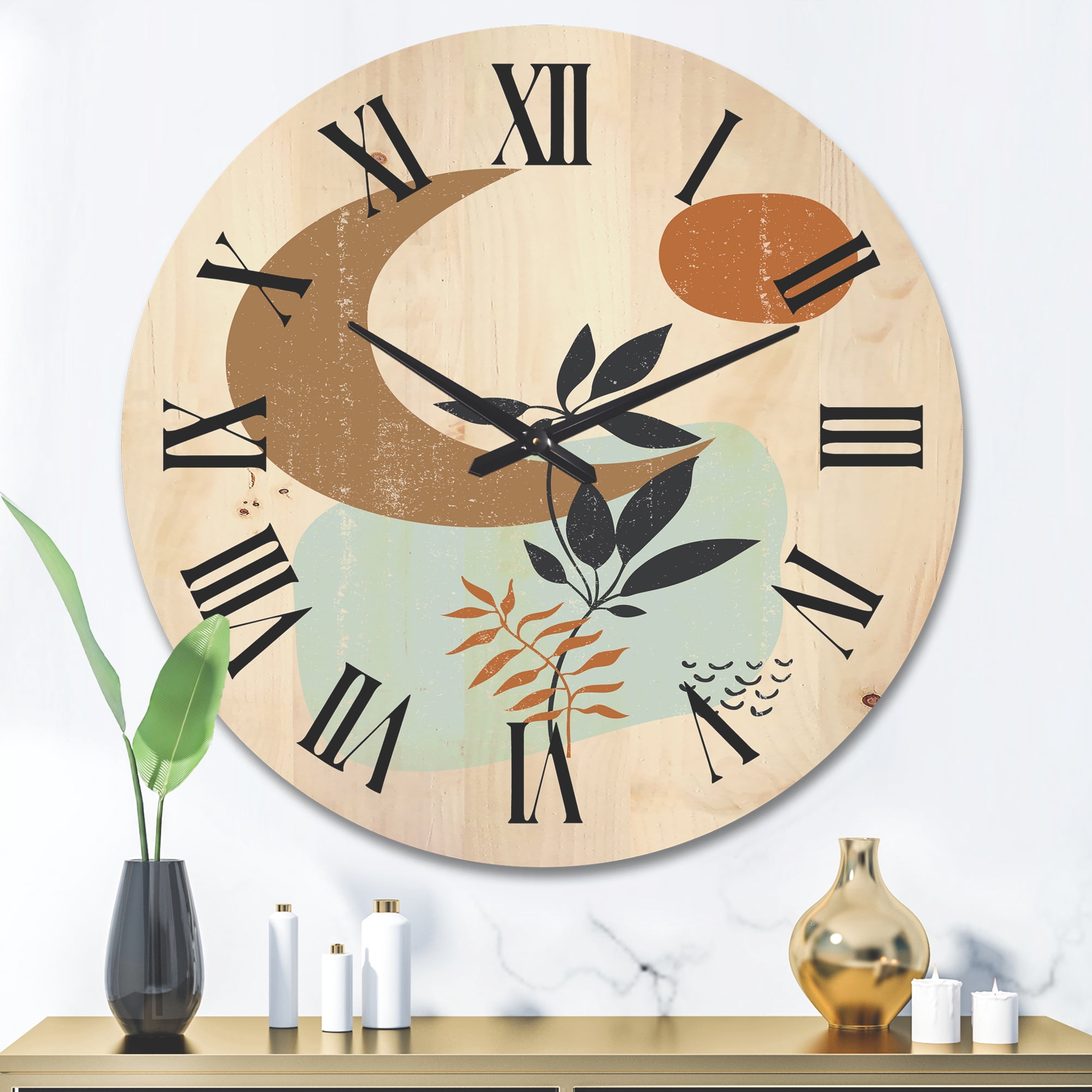 Designart 'Abstract Moon and Sun With Minimal Plants' Modern Wood Wall Clock