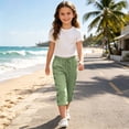 thumbnail image 4 of Twczz Girls Cotton Linen Capris with Pockets- Quick Dry Casual Elastic Waist Straight Leg Kids Beach Pants Green Size 11-12 Years, 4 of 7