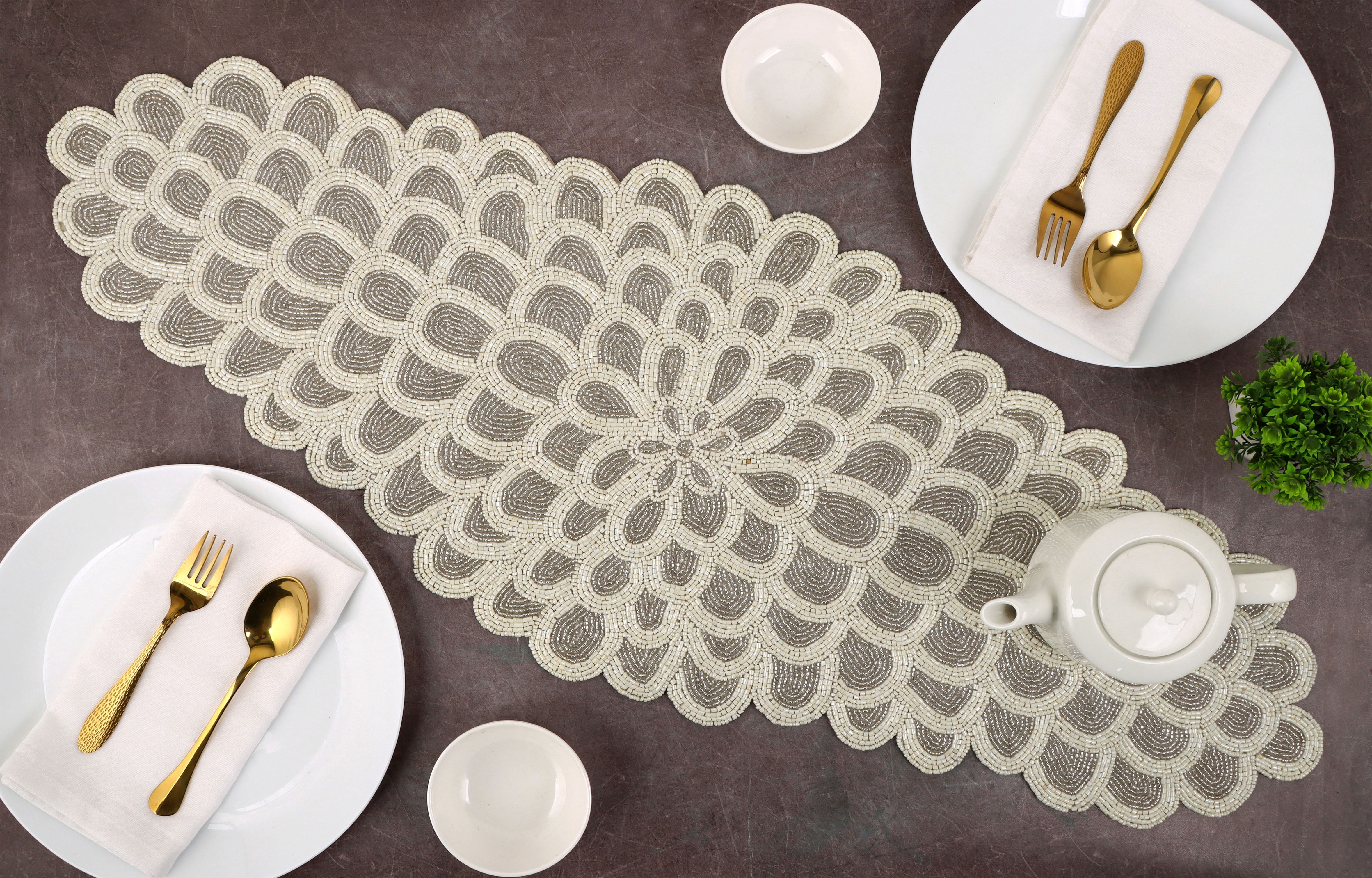 Handcrafted Glass Beaded Table Runner - Elegant Decorative Dining Table Décor (White Silver)