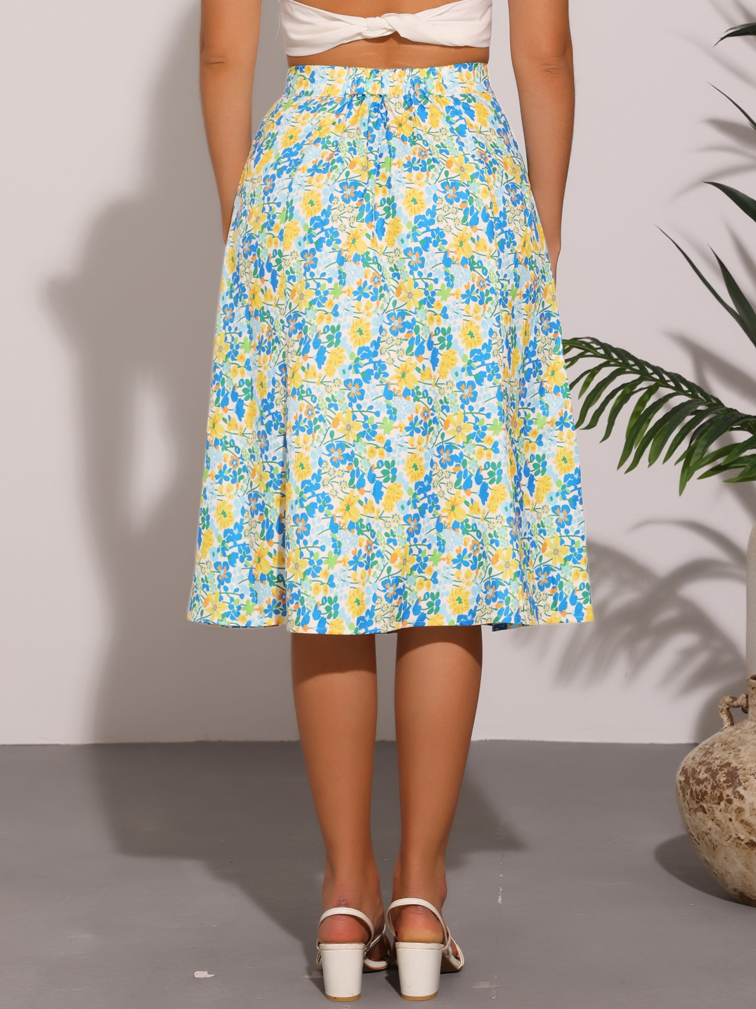DARING DIVA Women's Elastic Waist A-Line Midi Skirt L Apricot Flower