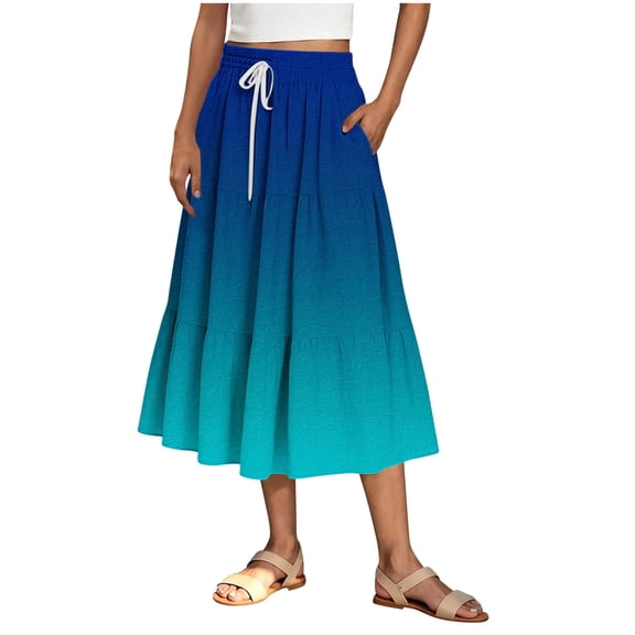 MGDXOX Women's Ombre Tiered Maxi Skirt Elastic Drawstring Waist Flowy Ruffle Long Skirt Casual Boho Skirt for Summer Navy S
