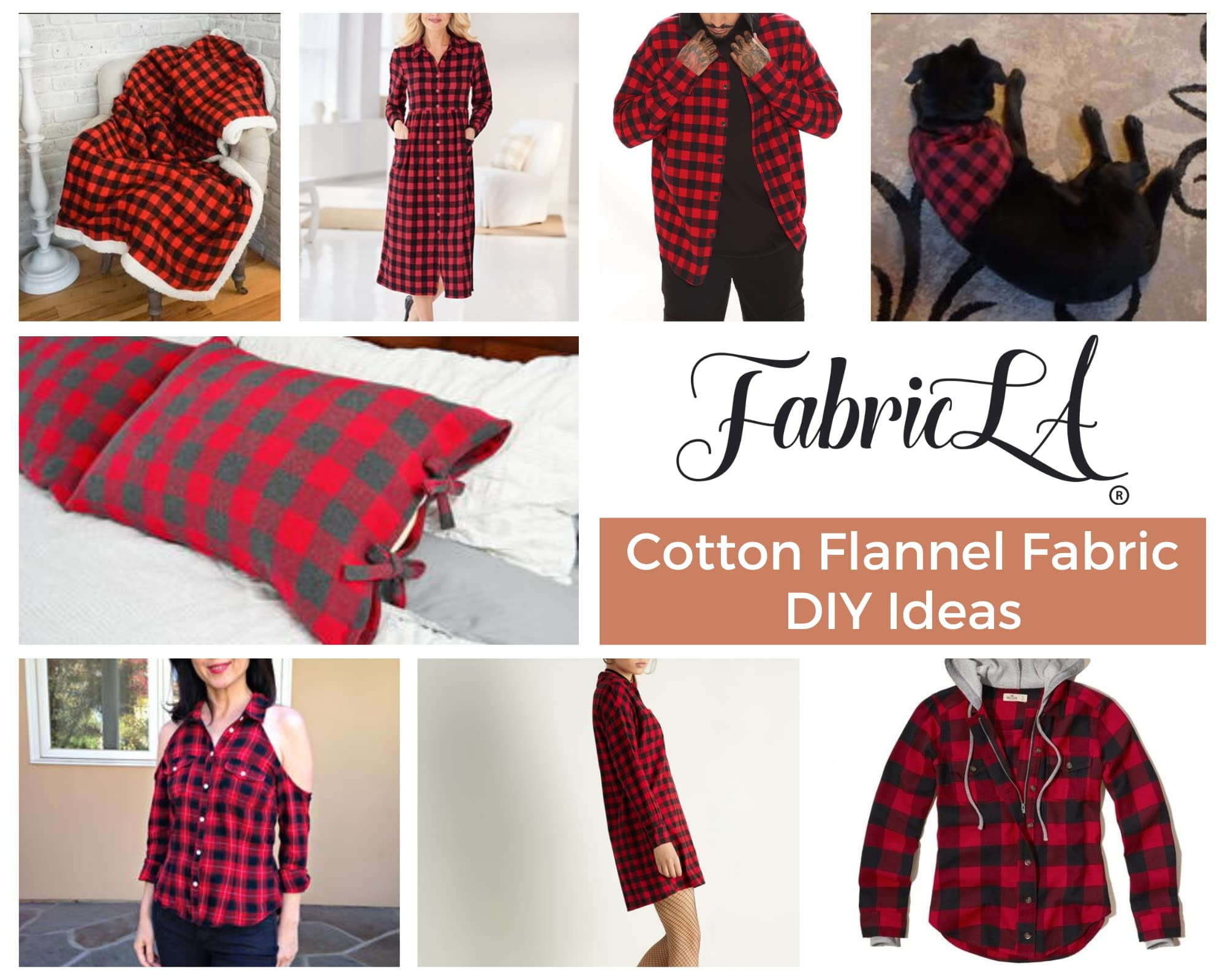FabricLA Flannel Fabric by The Yard | 60" inches Wide Flannel Fabric | 100% Cotton Flannel Fabric for Baby Blanket, PJ, Shirt, Cloth Flannel Craft Fabric - Red & Black Fabric 5 Yard Pre Cut