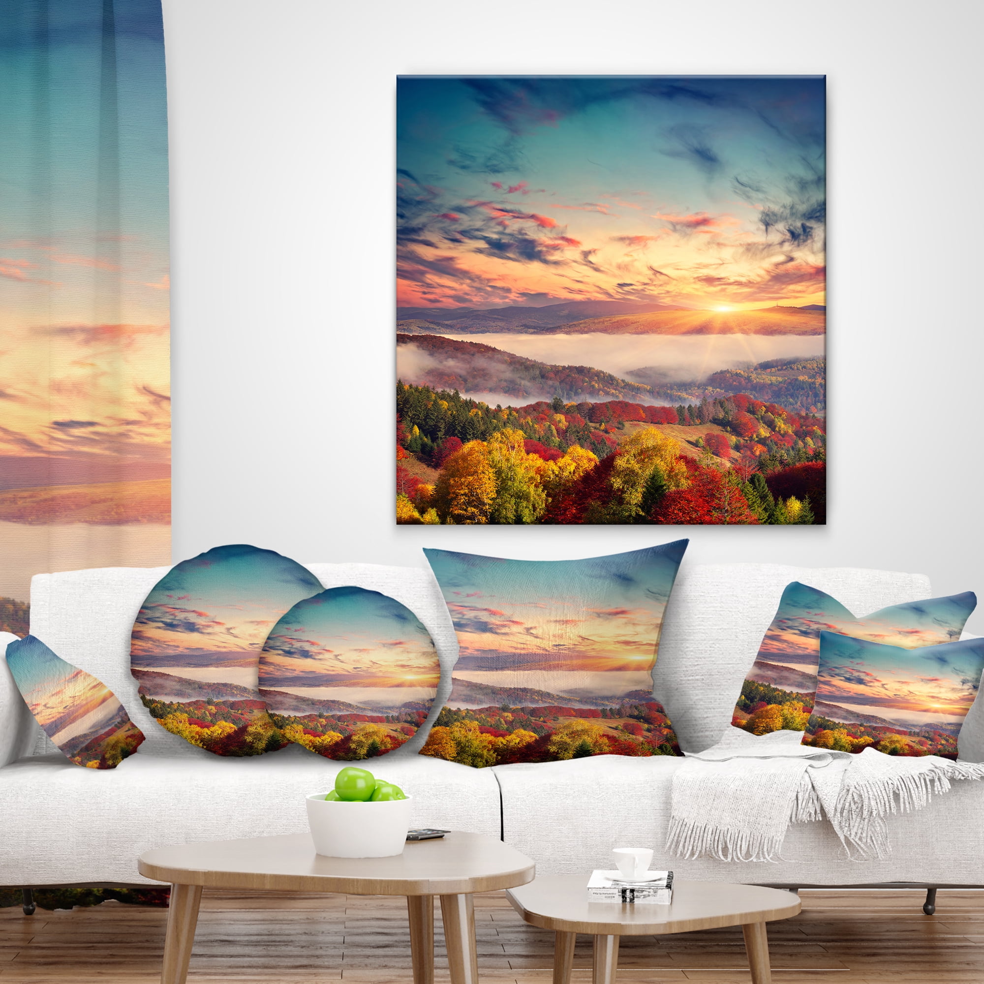 Designart Colorful Sunset in Foggy Mountains - Landscape Printed Throw Pillow - 18x18