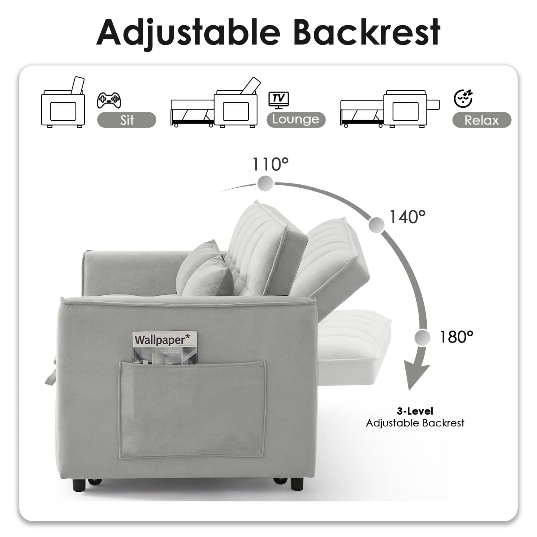 54" 3 in 1 Convertible Velvet Sofa Bed, 3 Position Foldable Sleeper Couch with Adjustable Backrest & Pillows, Light Gray