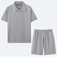 thumbnail image 4 of Mens Cotton Shorts Set Summer 2 Piece Outfits Button Down Polos Shirts Dressy Casual Matching Sets Gray, XL, 4 of 6