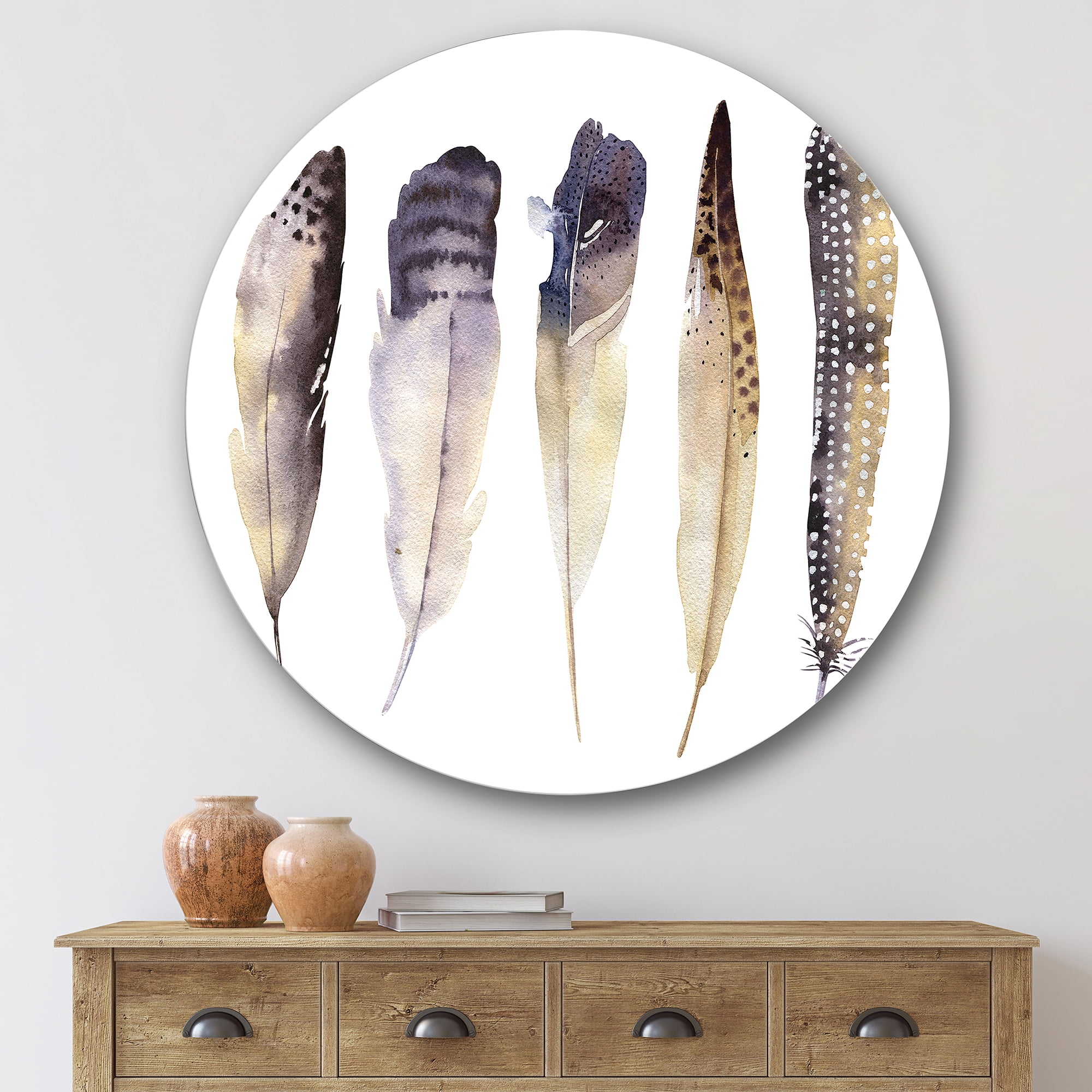 Designart 'Dark Gray Feathers Boho Ethnic II' Bohemian & Eclectic Circle Metal Wall Art 36x36 - Disc of 36