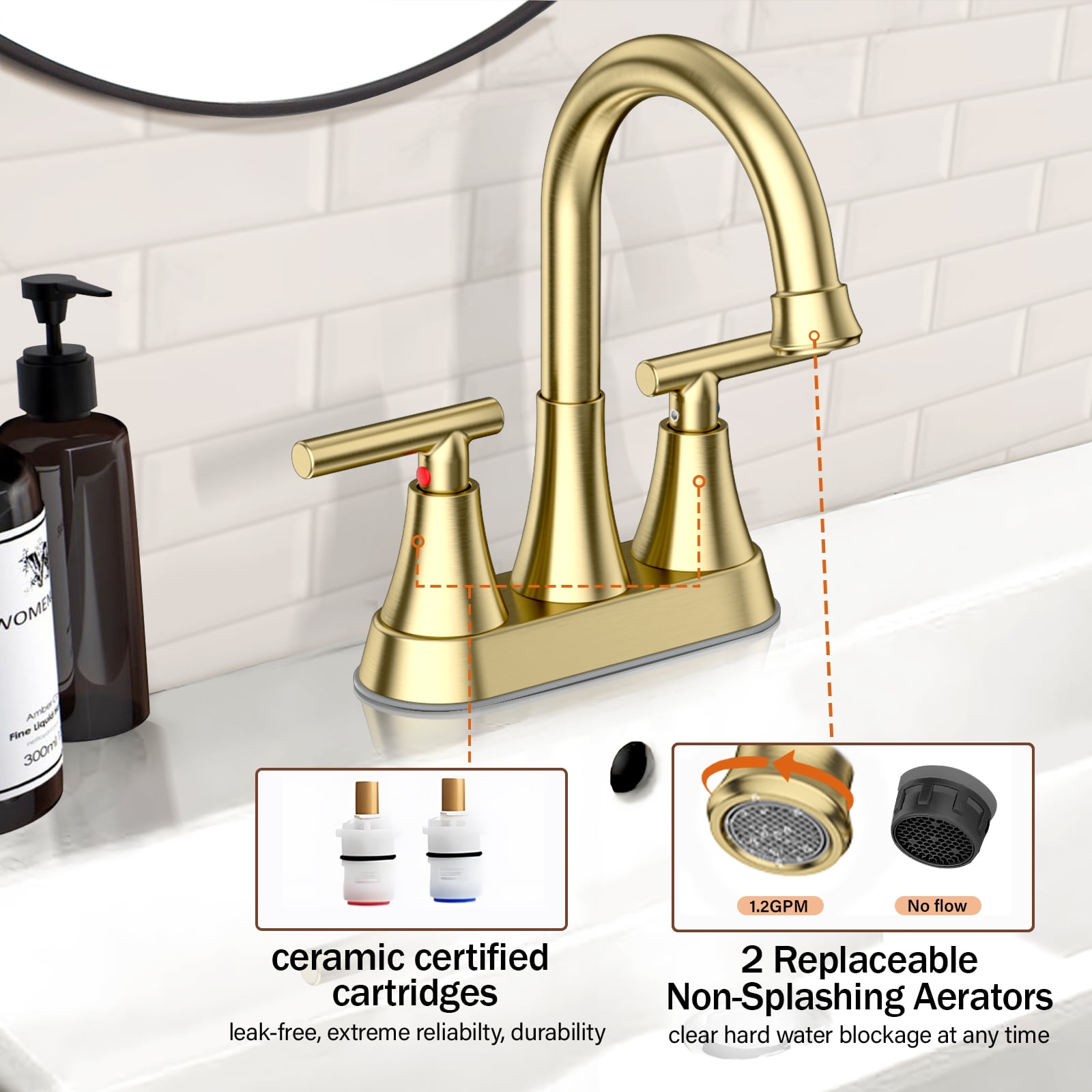 KINGTACK Bathroom Sink Faucet, 4 inch 2-Handle Gold Bathroom Faucet with Pop-up Drain and 2 Supply Hoses, Fits 2 or 3-hole Sink