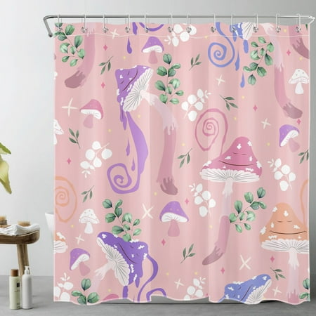 Farmhouse Purple Mushroom Shower Curtain for Bathroom Green Eucalyptus Leaf and Star on Pink Bathroom Shower Curtains with Hooks, Spring Country Plant Bathroom Curtains Shower Set 69x70inch