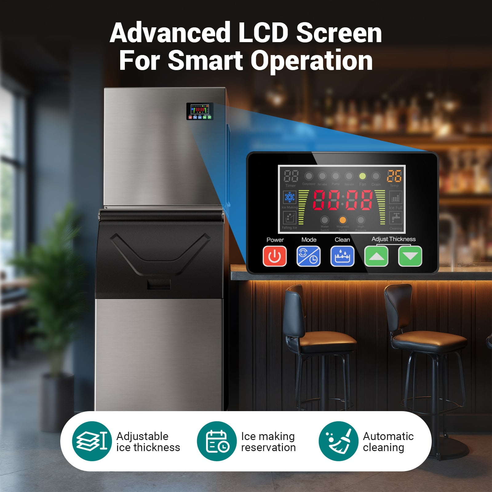 Ecojoy Commercial Ice Maker Machine 500LBS/24H, 30 Adjustable Ice Thicknesses with 350lbs Storage Bin, 5-15 Minutes Fast Ice Making
