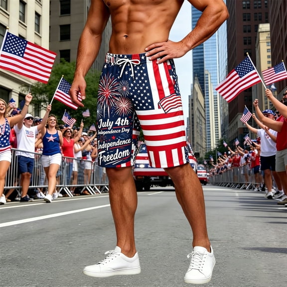 FASHOFT Swim Trunks for Men 4th of July American flag Print Beach Board Shorts with Pockets Bathing Suit Red L