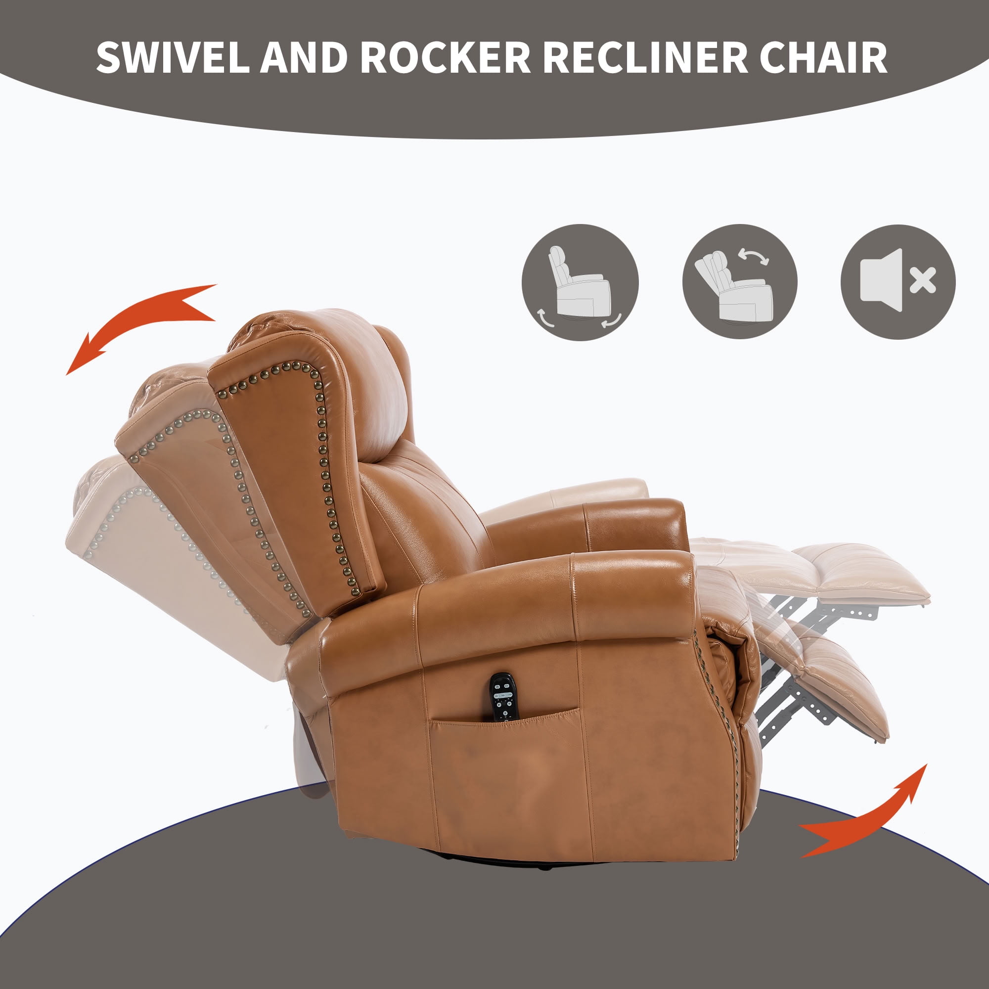 MAYEERTY 360 Degree Swivel Rocker Recliner Chair, Genuine Leather Manual Recline Glider Armchair with 8-Point Vibration Massage & Lumbar Heat, for Living Room Home Theater