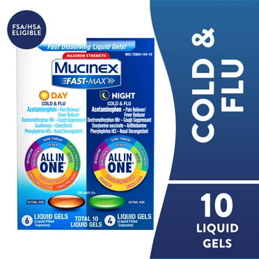Mucinex Fast-Max Day Cold & Flu & Night Cold & Flu Medicine, OTC Cough Relief, 10 Liquid Gels