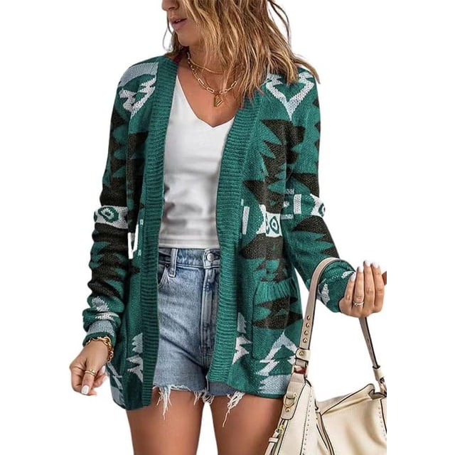 HAHDAXIA Cardigan en Tricot Jacquard à devant Ouvert pour Femmes à Imprimé Tribal Aztèque