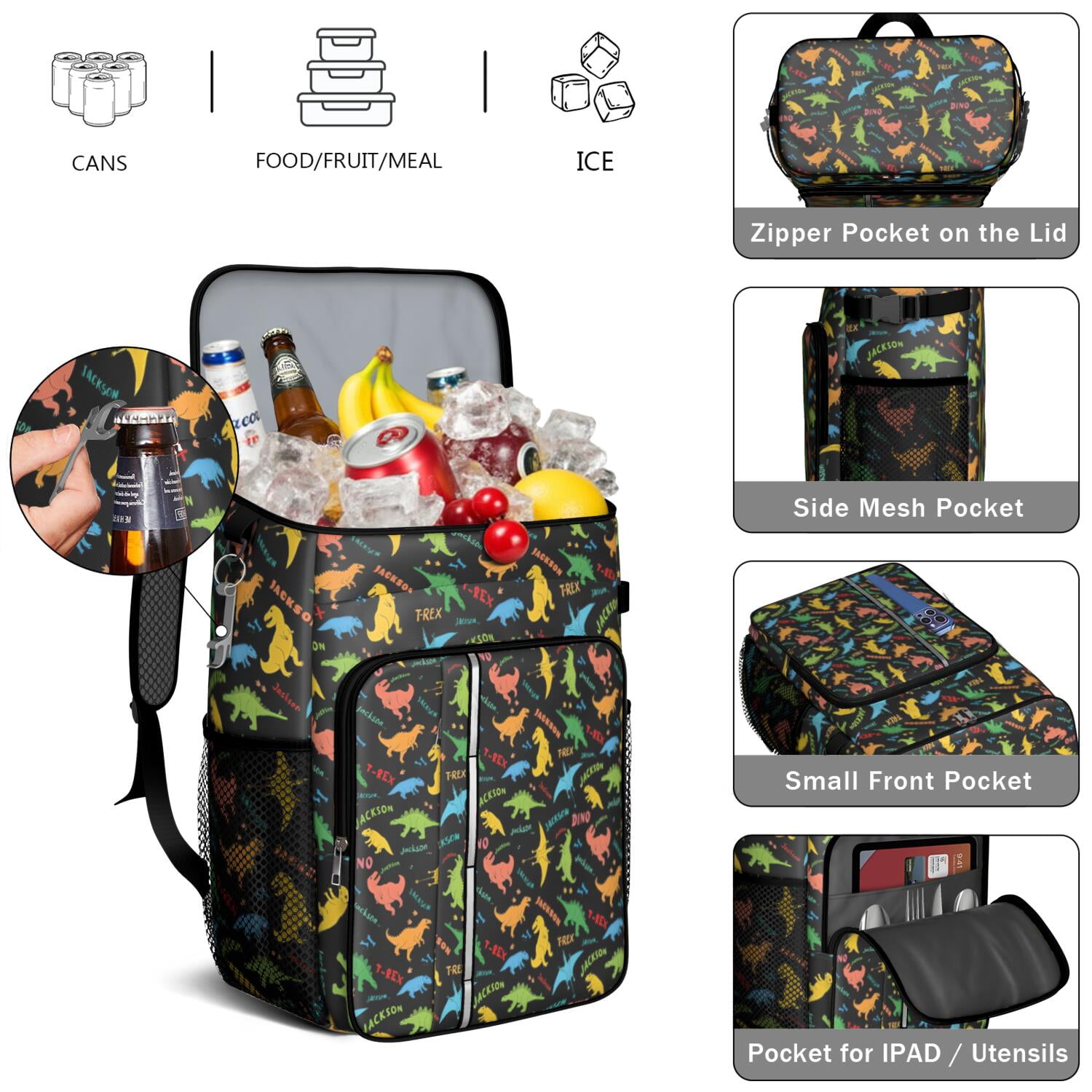 Travel Cooler Bag - Black Dinosaurs Jackson Text Pattern Camping Beer Cooler Backpack with Bottle Opener- Waterproof Insulated Picnic Backpacks - Cooler Bag for Beach