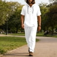 thumbnail image 2 of Mens 2 Piece Linen Set Summer Beach Short Sleeve Button Down Hooded Shirt Long Pant Vacation Casual Outfit with Short Sleeve Button-Up Top and Relaxed Long Pants White L, 2 of 6