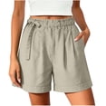 thumbnail image 2 of Women's Lightweight Shorts Comfy Drawstring Waist Cuffed Shorts Summer Linen Shorts for Women Khaki L, 2 of 6