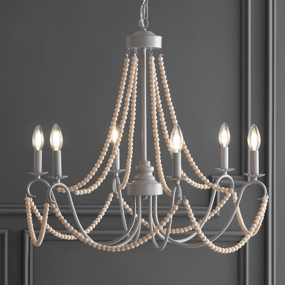 JONATHAN Y Rustica 6-Light 27" Adjustable Greige Metal/Wood Bead LED Chandelier, Grey/Natural, JYL9060A