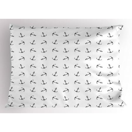 Anchor Pillow Sham Vintage Monochrome Anchor Silhouettes with Hearts Nautical Tattoo Arrangement, Decorative Standard Size Printed Pillowcase, 26 X 20 Inches, Black and White, by Ambesonne