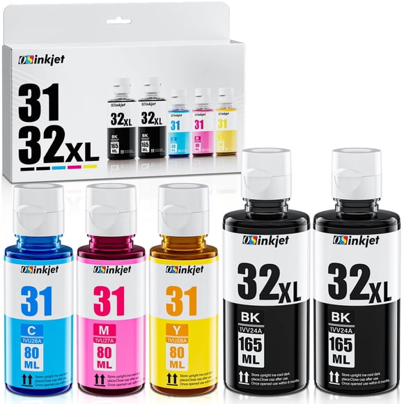 Osinkjet 31 Ink Bottle Set, 32XL Black Ink Bottle Compatible for HP Smart Tank 7602 6001 5101 5100 5000 7300 7301 7601 6002 757 760, 31 32 XL Ink Bot