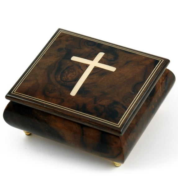 Gorgeous Handcrafted Natural Wood Tone Musical Jewelry Box with Holy Cross Inlay - Feelings
