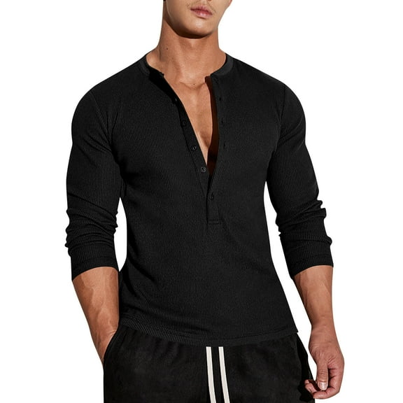 Resicozy Men's Waffle Henley Shirts Long Sleeve T-Shirt Stylish Casual Fashion Button Placket Slim Fit Tee Underwear Black M