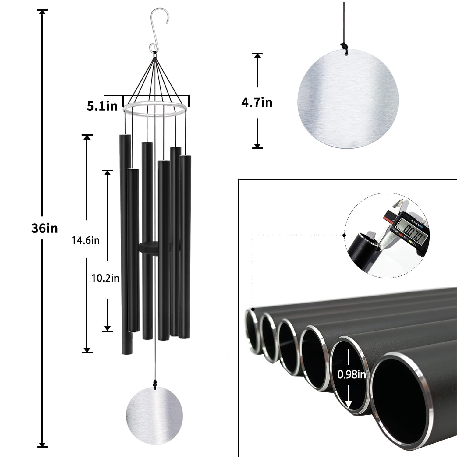 Wind Chimes Outdoor Large Deep Tone 36 Inch For Outside Tuned Relaxing Soothing Low Bass Memorial Windchimes Sympathy Mom Dad Black