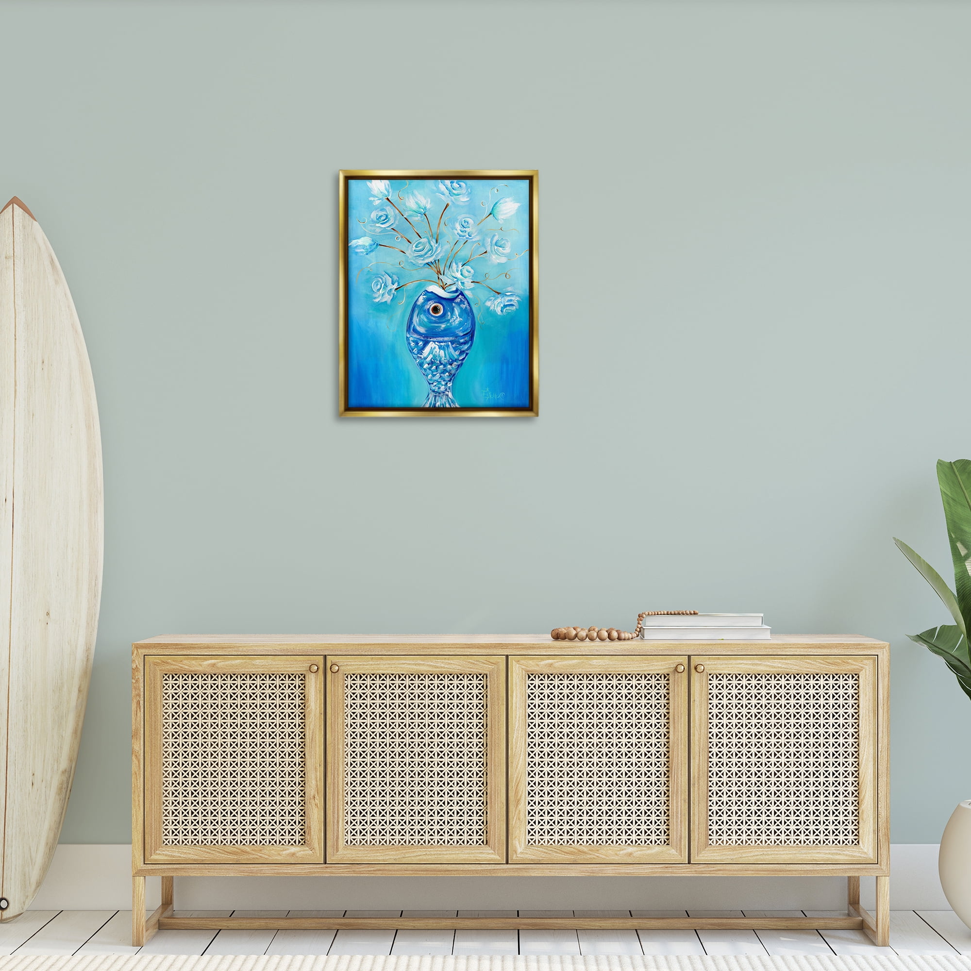 Stupell Industries Fish Vase Bouquet Botanical & Floral Painting Gold Floater Framed Art Print Wall Art, 25 x 31