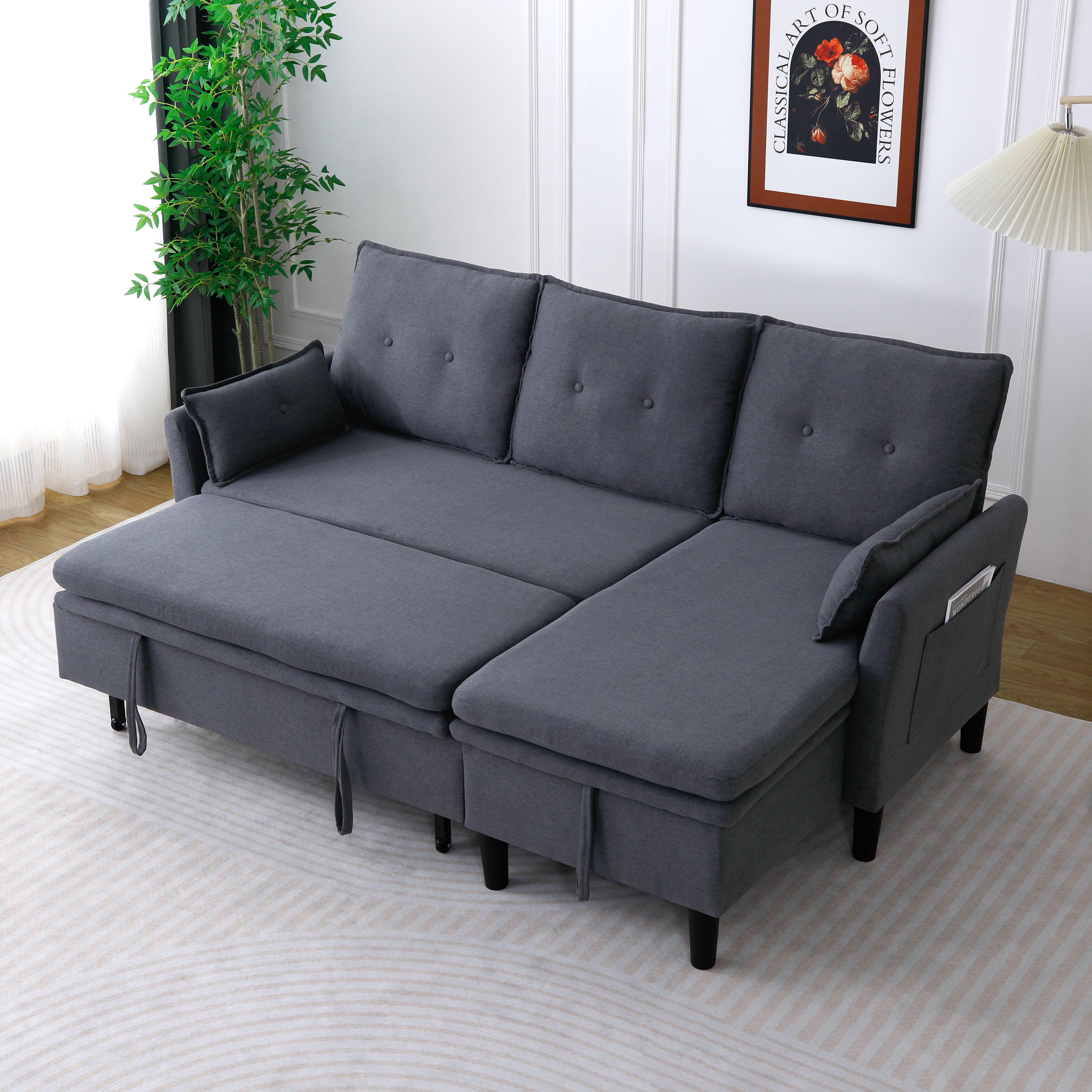 Gewnee L-Shaped Sectional Sofa,Reversible Chaise with Storage,Pull-Out Type Sofa Bed.Suitable for Apartments & Offices.Dark Grey