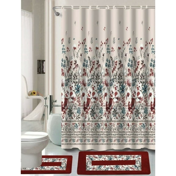 SAMIMPORT-2011 LUCY RED Polyester Shower Curtain Set, 30.00 in x 18.00 in Washable 15 Count