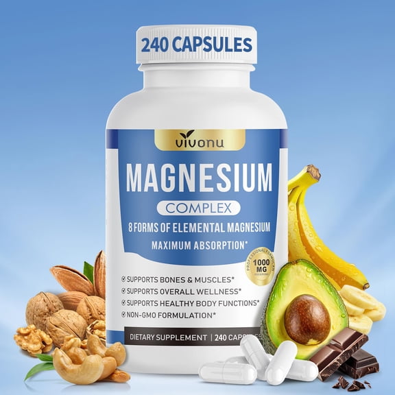 8-in-1 Magnesium Complex 1000mg for Women & Men, Elemental with High Absorption Magnesium Glycinate, Citrate, Malate, Taurate & More, Support for Bones, Muscle, Sleep - 240Capsules / Bottle